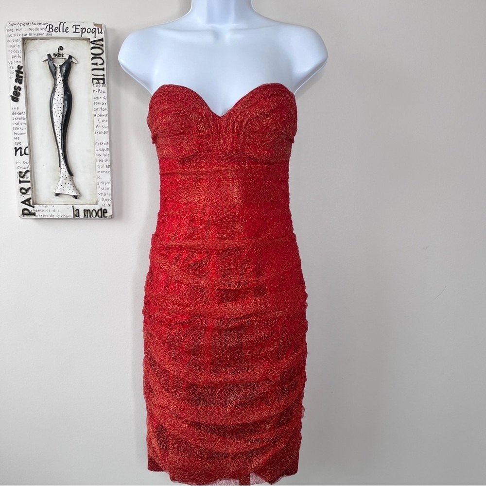 Y2K David Meister Red Lace Tulle Cocktail Strapless Wedding Guest Dress Size 2